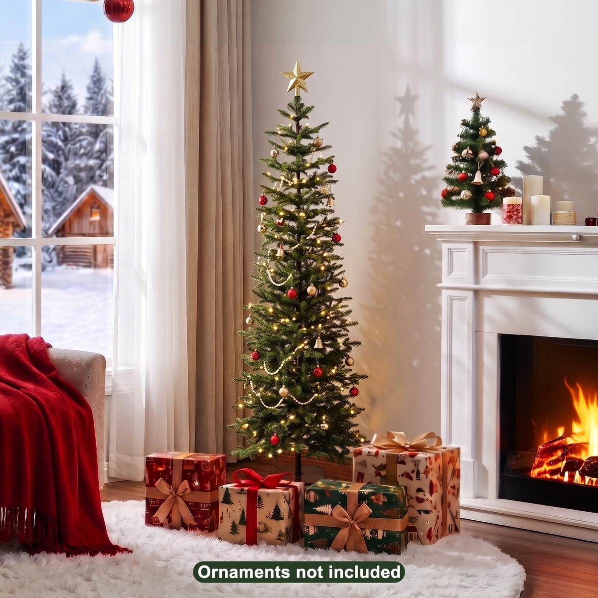 DR.Planzen 6ft Prelit Pencil Christmas Tree with 150 Warm White LED Lights, 1571 PE Branch Tips, Iron Base, Slim Artificial Christmas Tree for Apartment, Entryway, Corner, Office