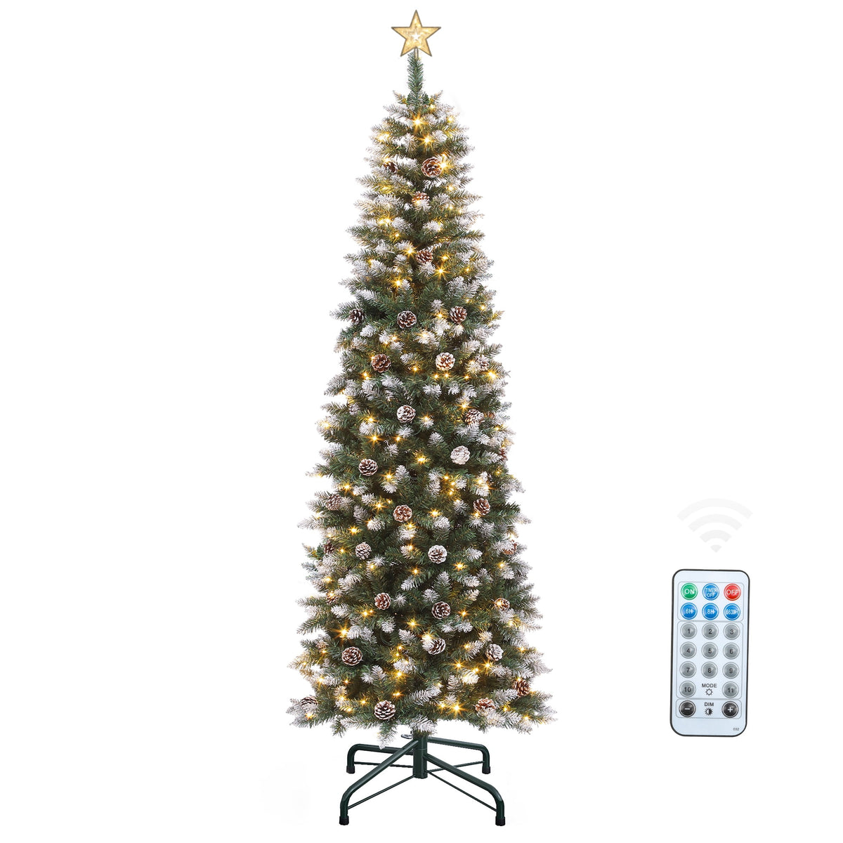 Dextrus 6 ft Prelit Pencil Christmas Tree with 50 Pine Cones, Flocked Artificial Hinged Xmas Christmas Tree with 618 Tips & 250 Lights, Remote Control,11 Light Modes, Green