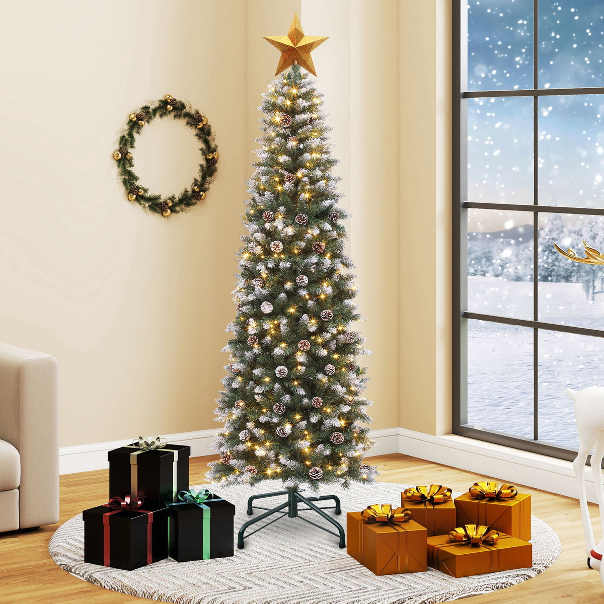 Dextrus 6 ft Prelit Pencil Christmas Tree with 50 Pine Cones, Flocked Artificial Hinged Xmas Christmas Tree with 618 Tips & 250 Lights, Remote Control,11 Light Modes, Green