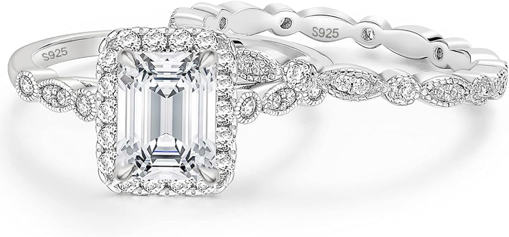 Divine Creation 2.40 Ct Emerald Cut White Diamond Engagement Wedding Thanksgiving Christmas Bridal Ring Set 14K White Gold Plated 925 Sterling Silver For Women's -4.5