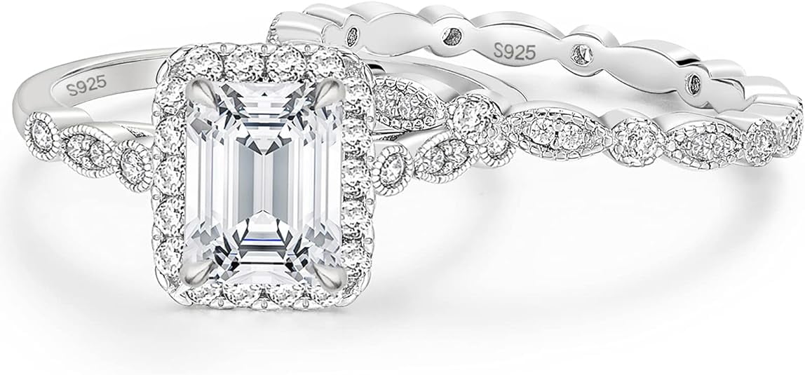 Divine Creation 2.40 Ct Emerald Cut White Diamond Engagement Wedding Thanksgiving Christmas Bridal Ring Set 14K White Gold Plated 925 Sterling Silver For Women's -4.5