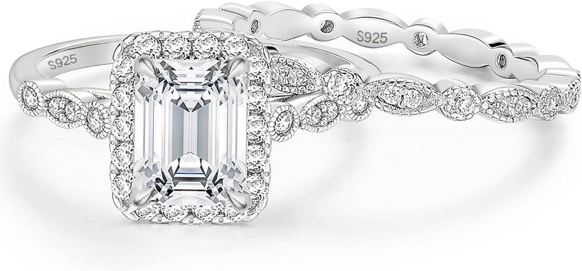 Divine Creation 2.40 Ct Emerald Cut White Diamond Engagement Wedding Thanksgiving Christmas Bridal Ring Set 14K White Gold Plated 925 Sterling Silver For Women's -4.5