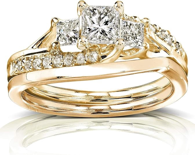 Divine_creation Women's 2.55 Ct Princess Cut White Diamond Engagement Wedding Thanksgiving Christmas Bridal Ring Set 14K Yellow Gold Plated 925 Sterling Silver -4.5