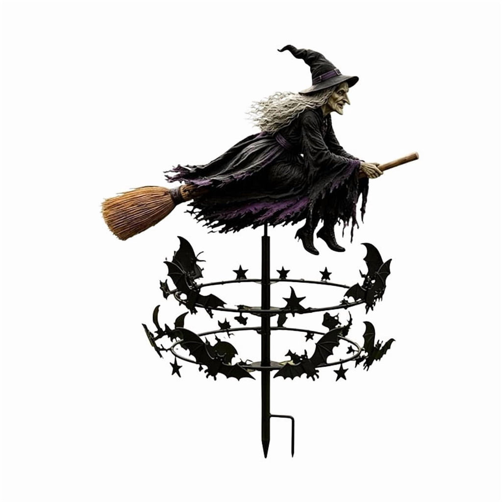 The Enchanted Witch Garden Wind Spinner, Flying Witch on Broom Metal Stake with Bat & Star Ornaments, Weatherproof Yard Outdoor Lawn Patio Pathway Fall Halloween Garden Decor