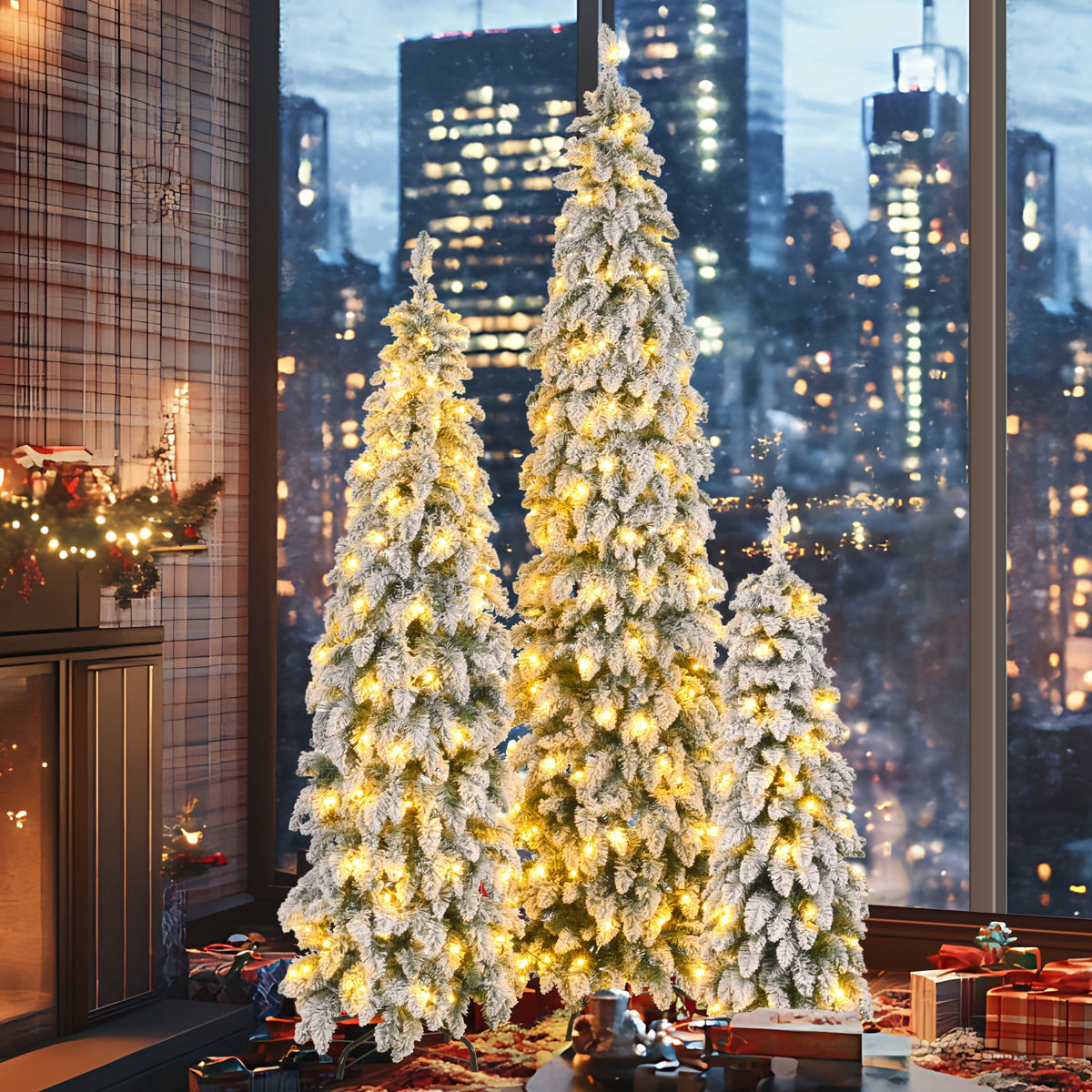 Euroco 8FT, 6FT, 4FT Pre-Lit Pencil Christmas Trees, 3-set Slim Artificial Christmas Tree With Snow Flocking, Xmas Holiday Decoration Tree, 1455 Branch Tips, 520 LED Lights, 11 Lighting Modes