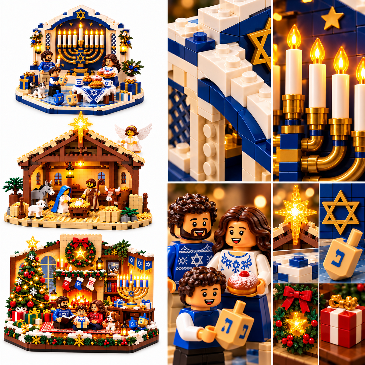 Hanukkah Family Light Building Block Display Set, Lighted Buildable Holiday Decor with Detailed Mini Figures, Seasonal Symbols and Tabletop Display Design, Hanukkah Family