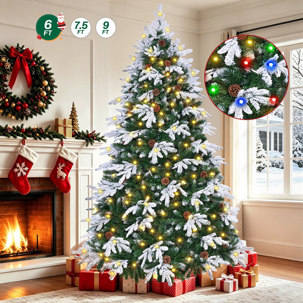Firstness 6ft Artificial Christmas Tree with 1000 Branches and 250 LED Lights, Pre-Lit Flocked Xmas Tree,11 Lighting Modes,Pine Cones