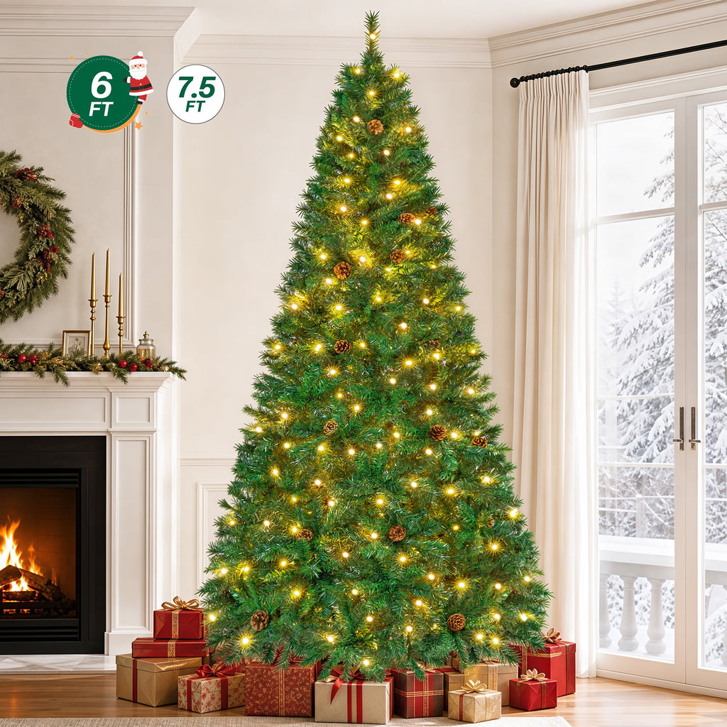 Firstness 6ft Pre-Lit Christmas Tree with 925 Branch Tips, Green Artificial Xmas Tree with Pine Cones, 8 Lighting Modes