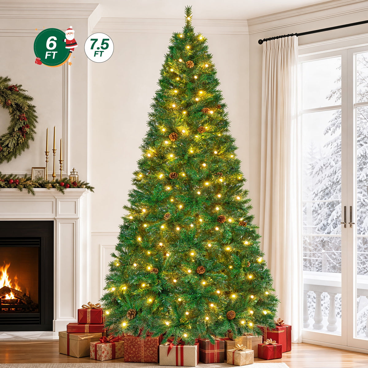 Firstness 6ft Pre-Lit Christmas Tree with 925 Branch Tips, Green Artificial Xmas Tree with Pine Cones, 8 Lighting Modes