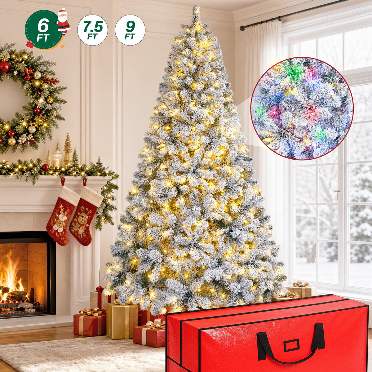 Firstness 7.5ft Pre-Lit Artificial Christmas Tree with 1400 Branches,11 lighting Mode Snow Flocked Xmas Tree with Storage Bag