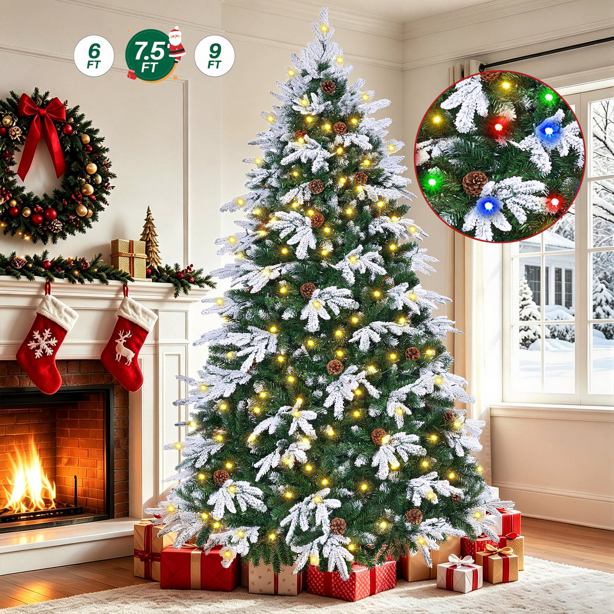 Firstness 6ft Artificial Christmas Tree with 1000 Branches and 250 LED Lights, Pre-Lit Flocked Xmas Tree,11 Lighting Modes,Pine Cones