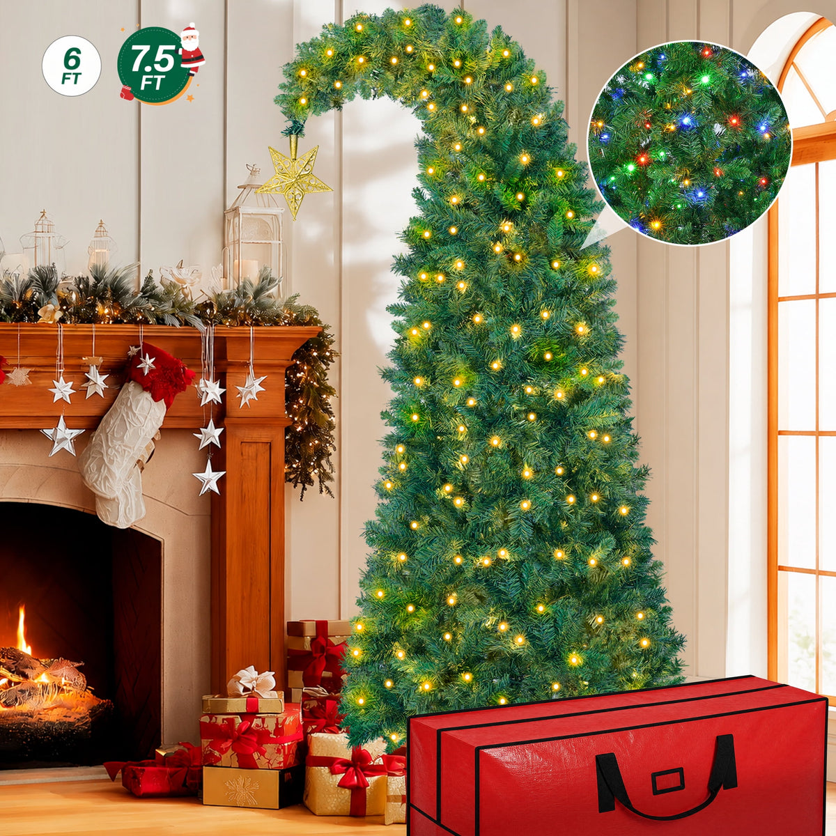 Firstness 6Ft Christmas Tree Crooked Neck, Prelit Artificial Xmas Tree with 250 Colorful Lights & 11 Modes, 825 Branch Tips, Storage Bag, PVC Bendable Top Christmas Tree