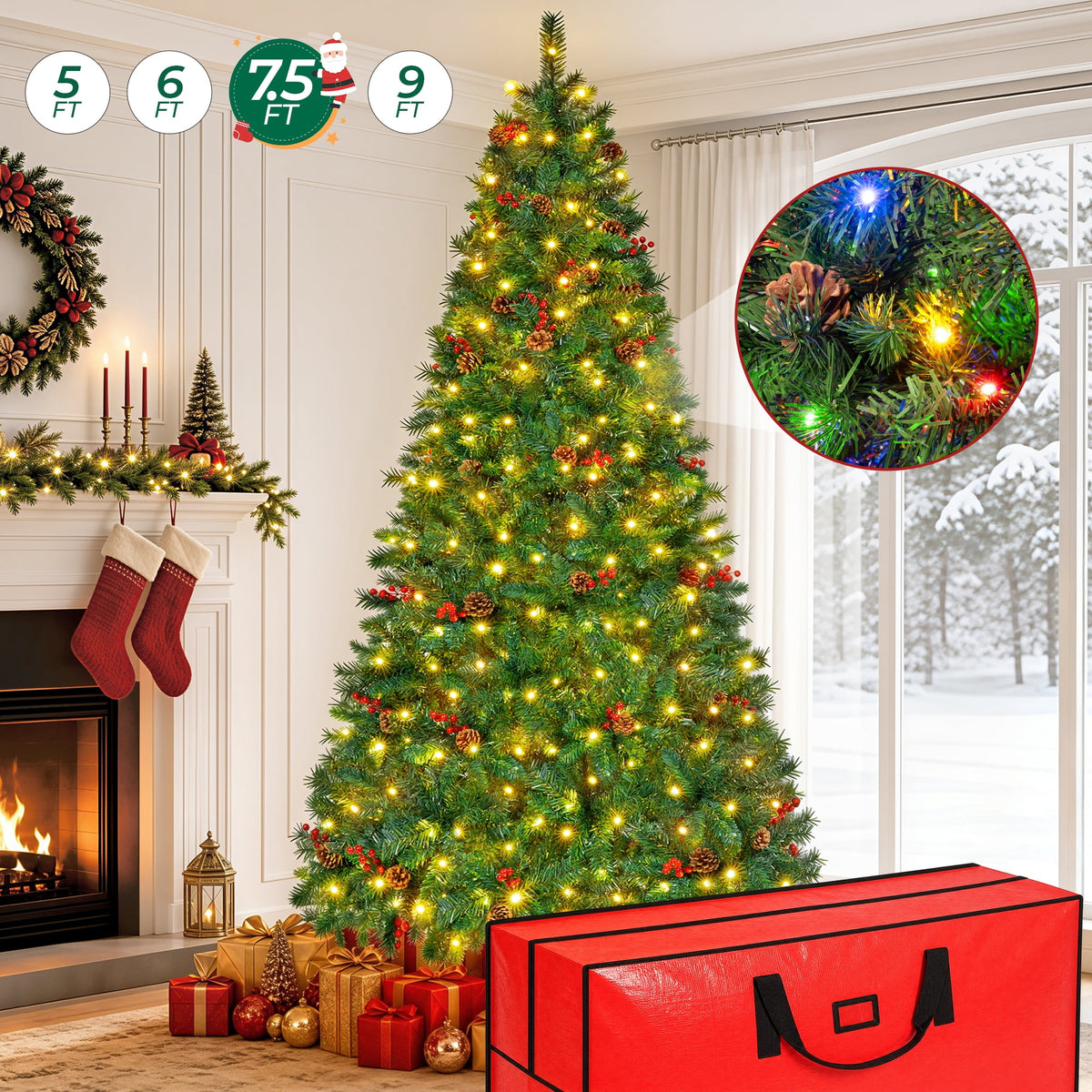 Firstness 5ft Pre-Lit Artificial Christmas Tree with 11 Lighting Modes, Xmas Tree with 625 Branch Tips,Pine Cones and Red Berries