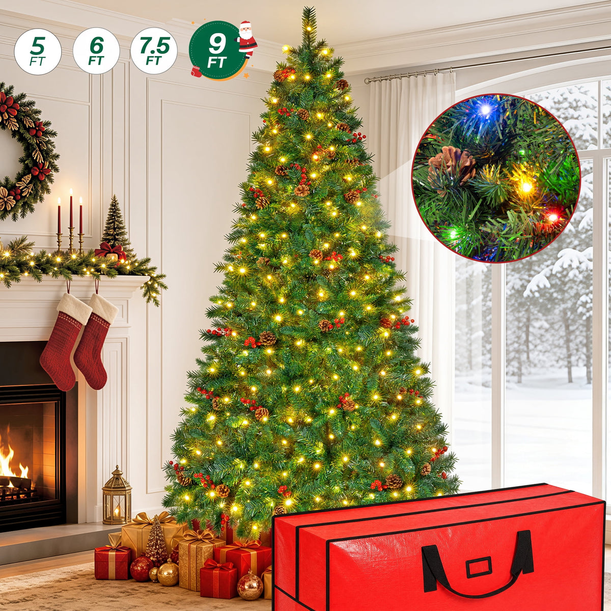 Firstness 5ft Pre-Lit Artificial Christmas Tree with 11 Lighting Modes, Xmas Tree with 625 Branch Tips,Pine Cones and Red Berries