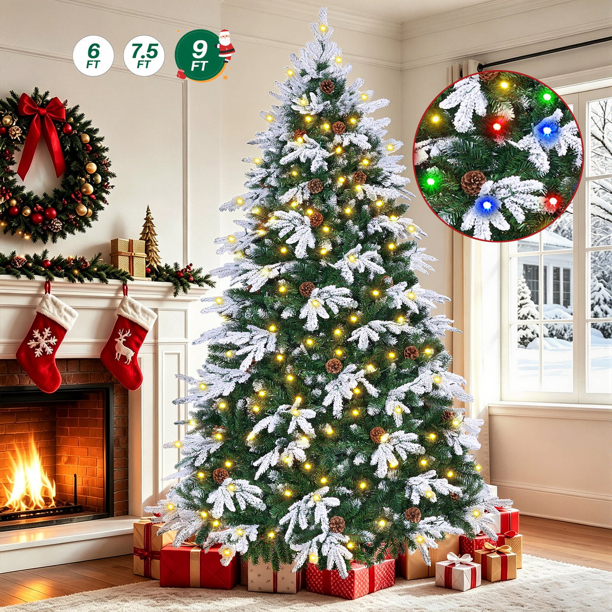 Firstness 6ft Artificial Christmas Tree with 1000 Branches and 250 LED Lights, Pre-Lit Flocked Xmas Tree,11 Lighting Modes,Pine Cones