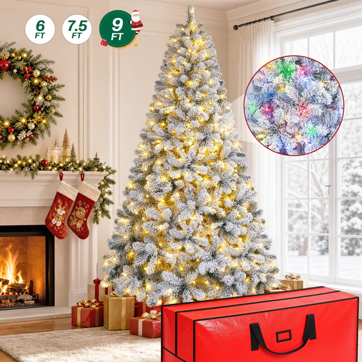 Firstness 7.5ft Pre-Lit Artificial Christmas Tree with 1400 Branches,11 lighting Mode Snow Flocked Xmas Tree with Storage Bag