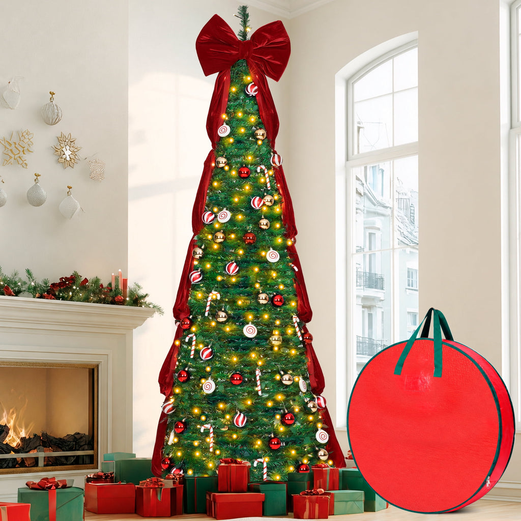 Firstness Christmas Tree 7.5FT, Pop up Pre Decorated Pre Lit Artificial Xmas Tree with 350 LED Lights, Large Bow & Ornaments, Lighted Christmas Tree with Storage Bag, Easy Installation