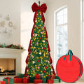 Firstness Christmas Tree 7.5FT, Pop up Pre Decorated Pre Lit Artificial Xmas Tree with 350 LED Lights, Large Bow & Ornaments, Lighted Christmas Tree with Storage Bag, Easy Installation