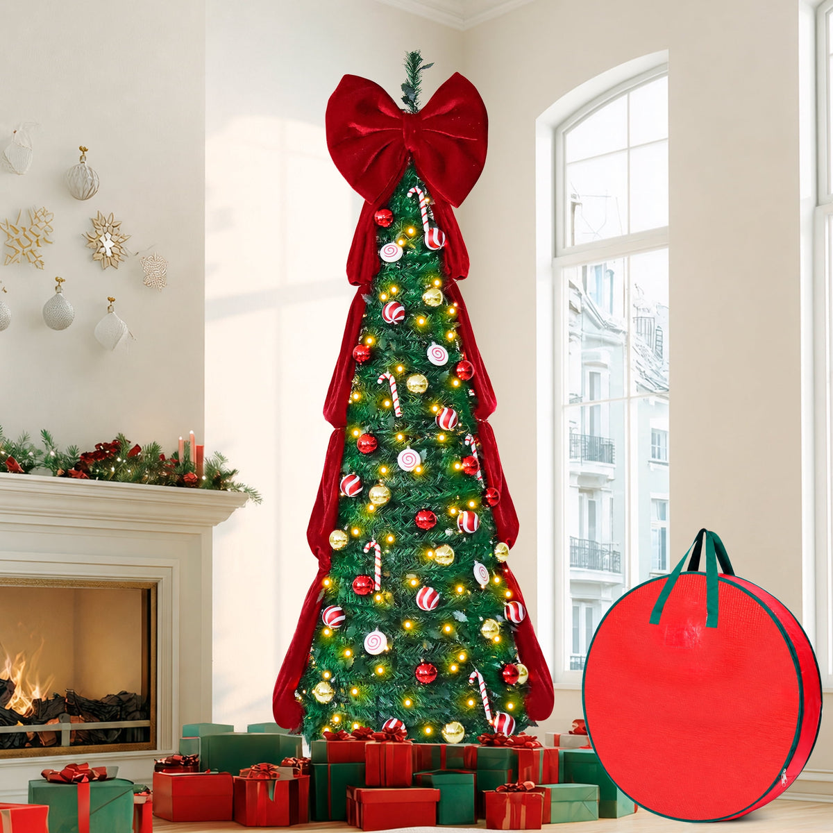 Firstness Christmas Tree 6FT, Pop up Pre Decorated Pre Lit Artificial Xmas Tree with 200 LED Lights, Large Bow & Ornaments, Lighted Christmas Tree with Storage Bag, Easy Installation
