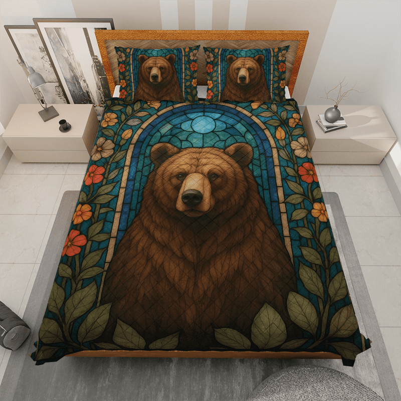 Floral Bear Christmas Quilt Bedding Set – Rustic Stained Glass Style Brown Bear Forest Flowers Bedroom Home Décor