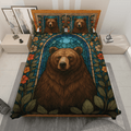 Floral Bear Christmas Quilt Bedding Set – Rustic Stained Glass Style Brown Bear Forest Flowers Bedroom Home Décor