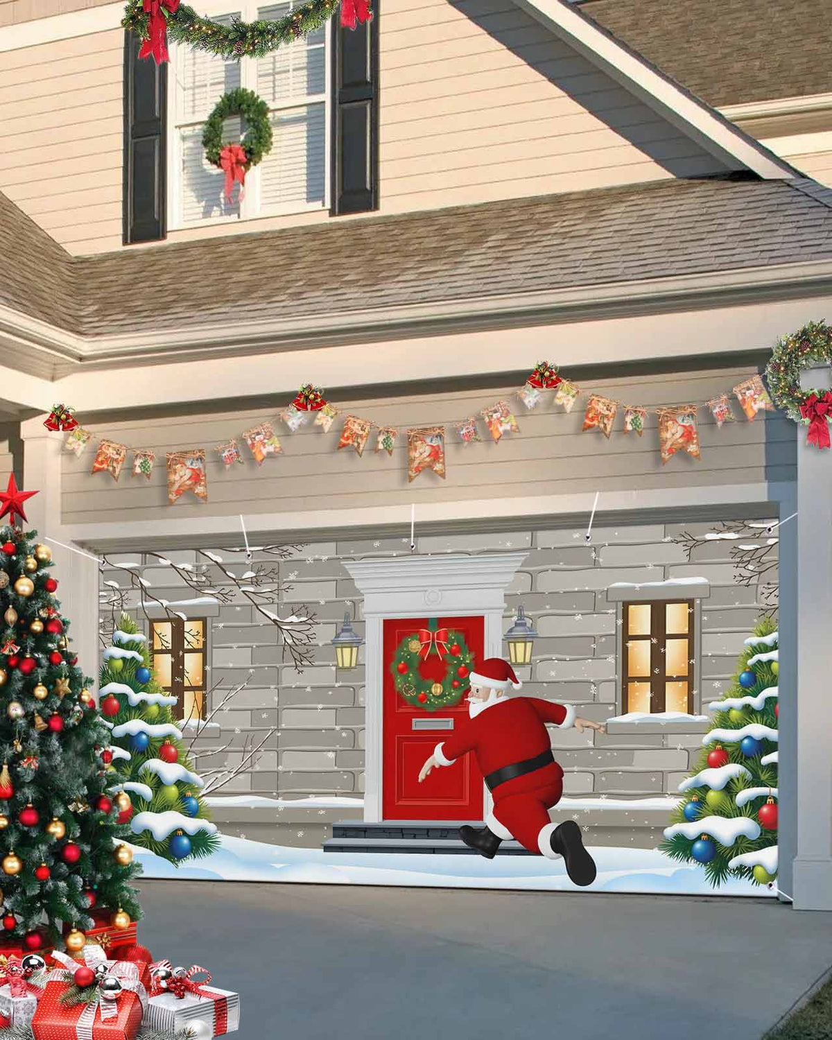 Fsddascl 7 x 16 Ft Christmas Garage Door Cover, Black Christmas Tree Large Garage Door Banner, Xmas Snowflake Green Golden Hanging Garage Mural Background for Indoor Outdoor Xmas Party Supplies
