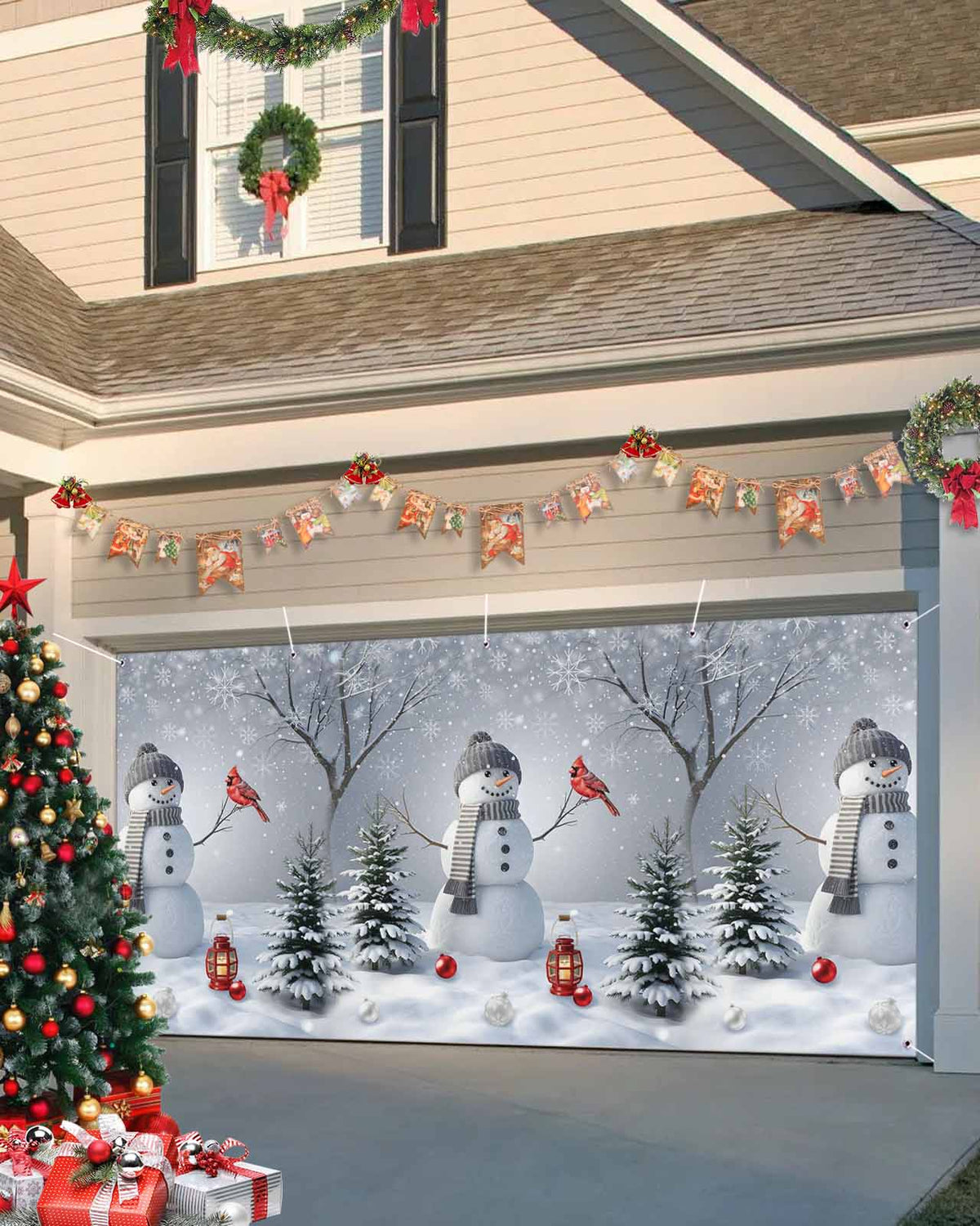 Fsddascl 7 x 16 Ft Christmas Garage Door Cover, Pink Snowman Christmas Large Garage Door Banner, Green Xmas Tree Snowflake Hanging Garage Mural Background for Indoor Outdoor Xmas Party Supplies