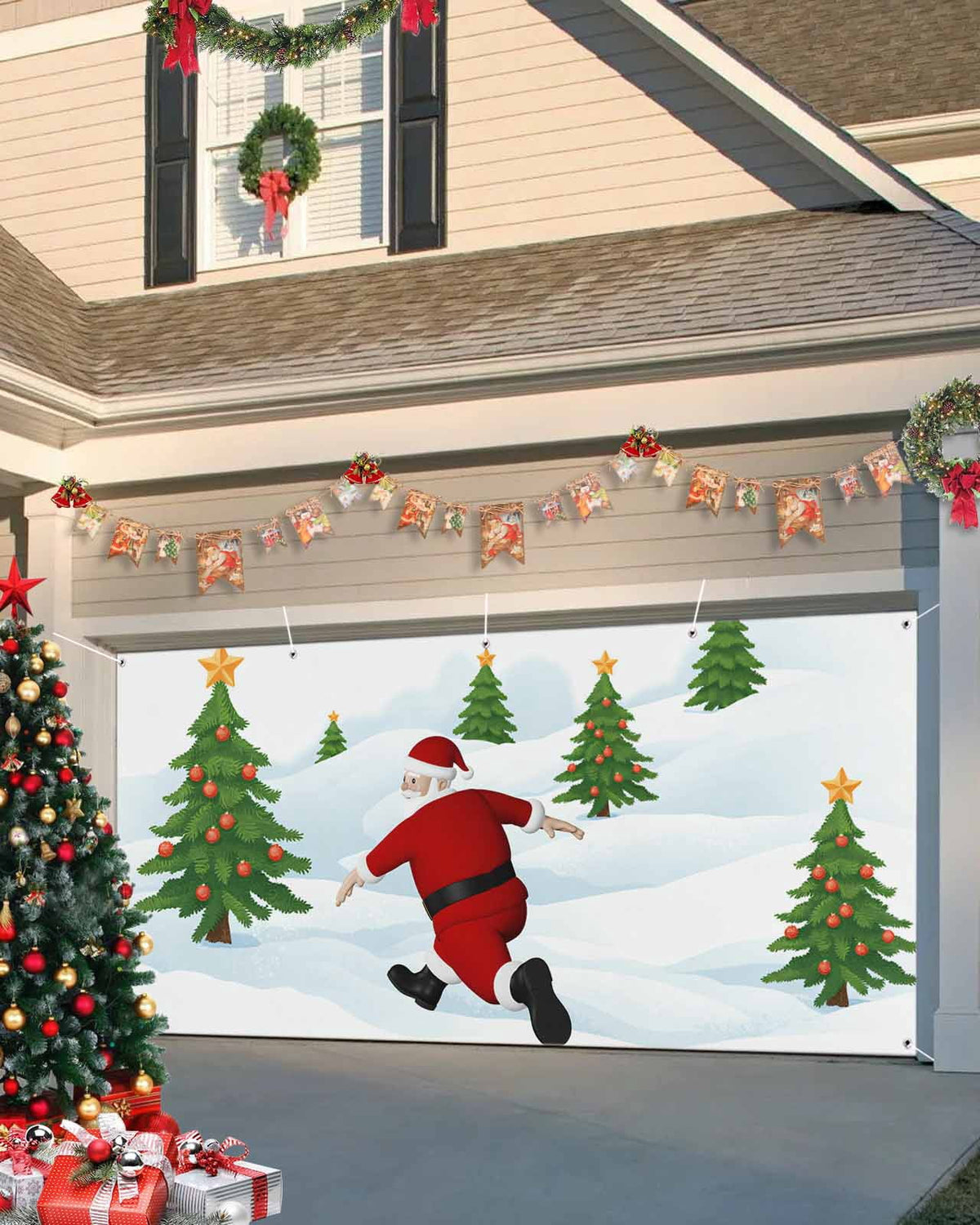 Fsddascl 7 x 16 Ft Christmas Garage Door Cover, Pink Snowman Christmas Large Garage Door Banner, Green Xmas Tree Snowflake Hanging Garage Mural Background for Indoor Outdoor Xmas Party Supplies