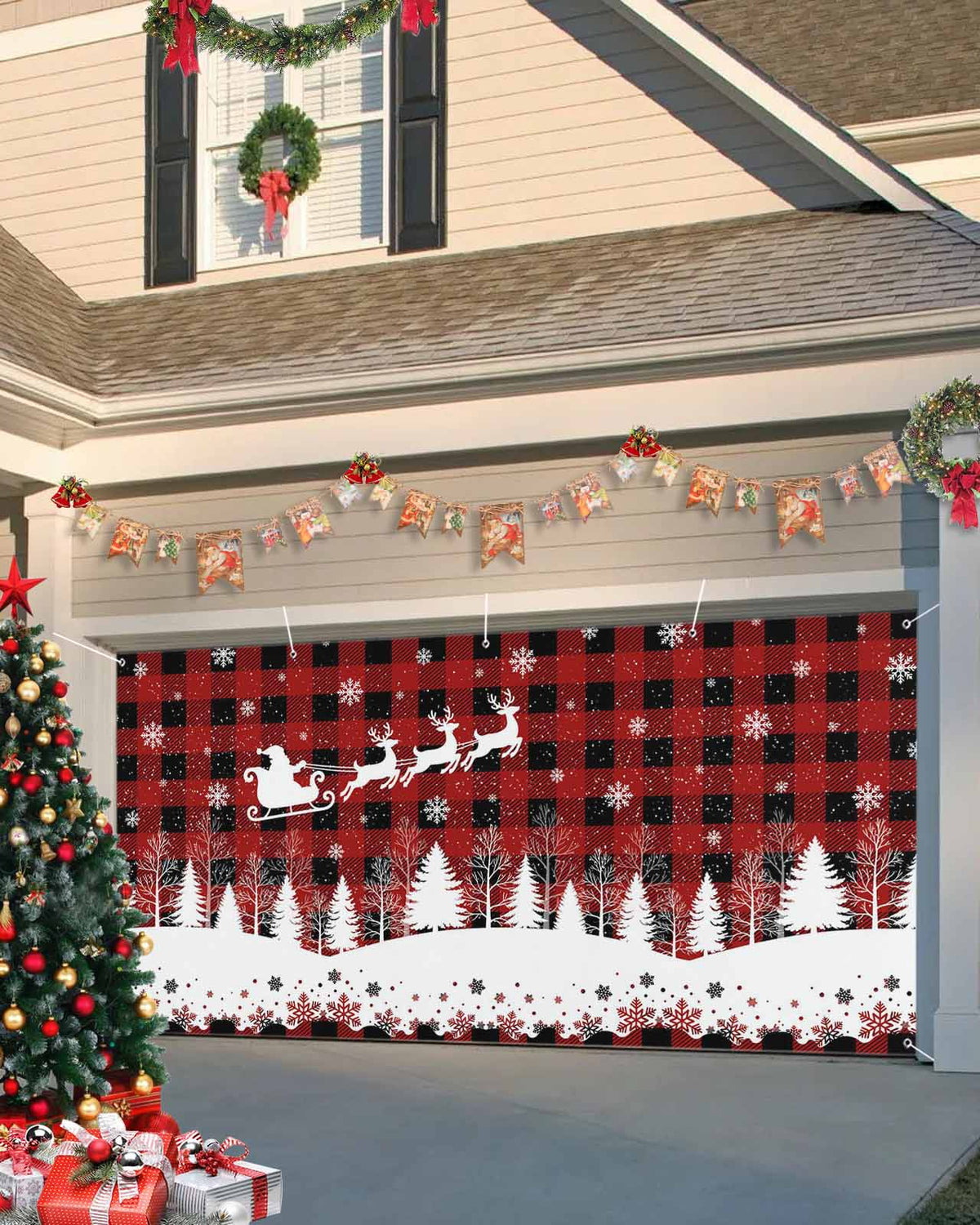 Fsddascl 7 x 16 Ft Christmas Garage Door Cover, Pink Snowman Christmas Large Garage Door Banner, Green Xmas Tree Snowflake Hanging Garage Mural Background for Indoor Outdoor Xmas Party Supplies
