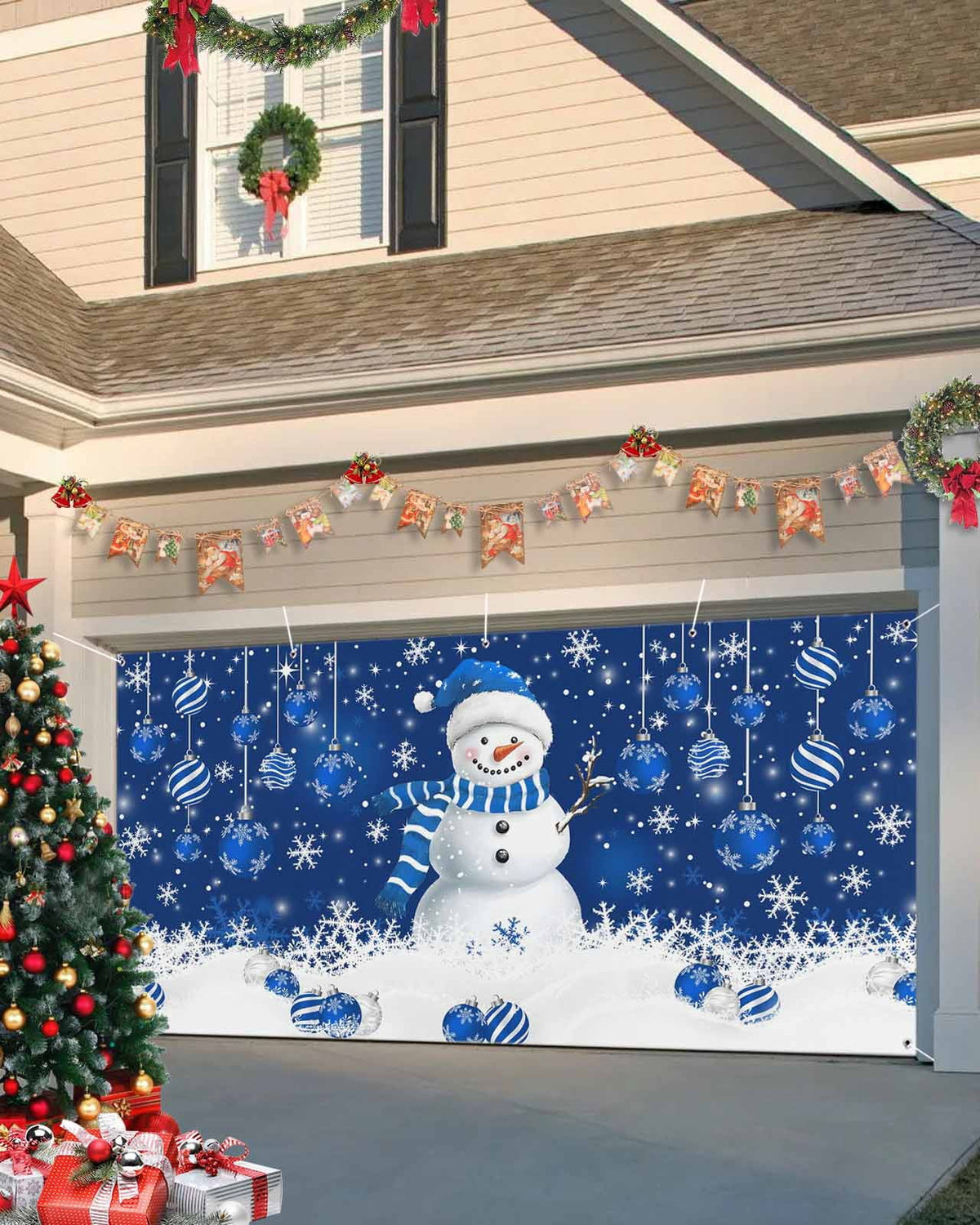 Fsddascl 7 x 16 Ft Christmas Garage Door Cover, Black Christmas Tree Large Garage Door Banner, Xmas Snowflake Green Golden Hanging Garage Mural Background for Indoor Outdoor Xmas Party Supplies