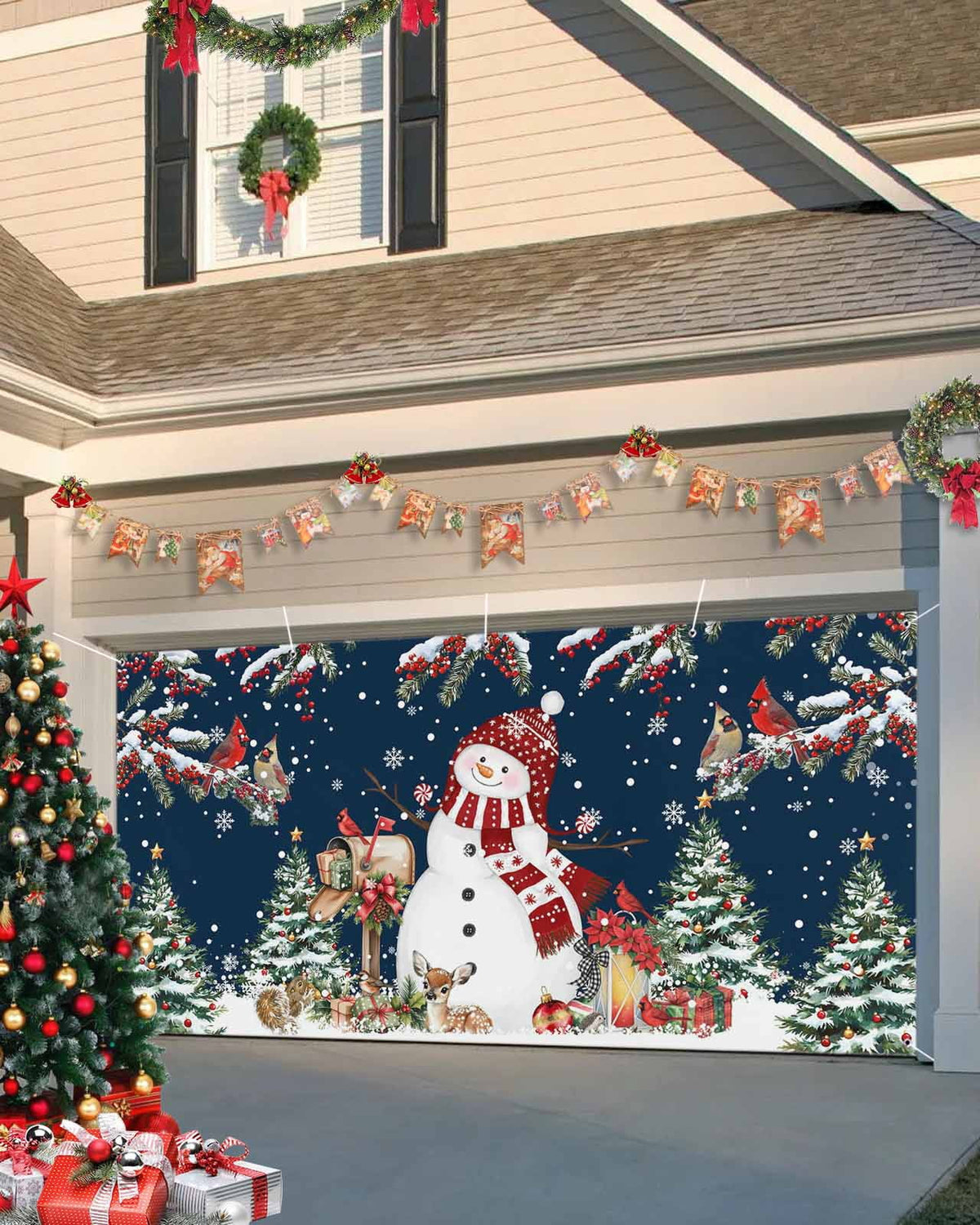 Fsddascl 7 x 16 Ft Christmas Garage Door Cover, Pink Snowman Christmas Large Garage Door Banner, Green Xmas Tree Snowflake Hanging Garage Mural Background for Indoor Outdoor Xmas Party Supplies