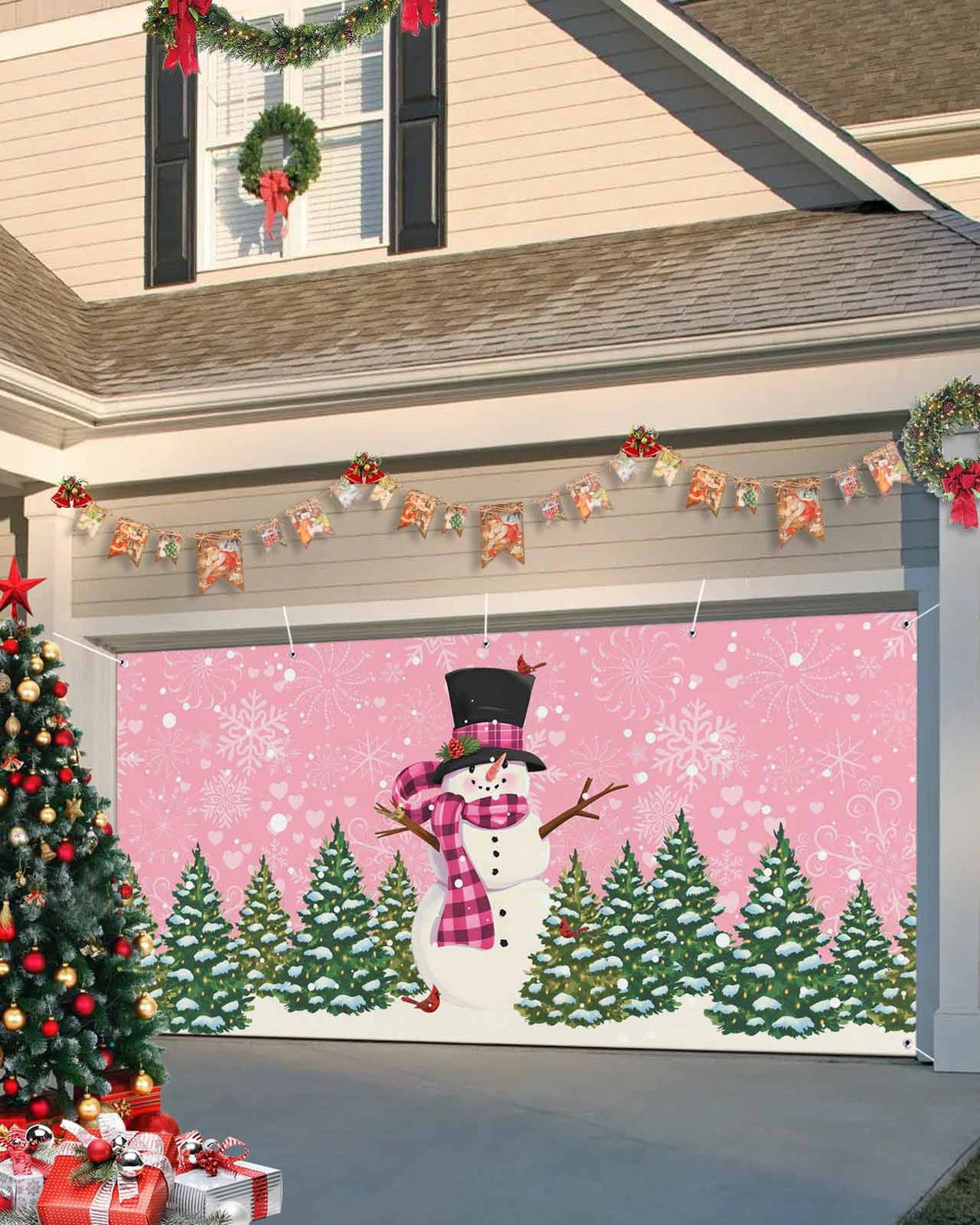 Fsddascl 7 x 16 Ft Christmas Garage Door Cover, Pink Snowman Christmas Large Garage Door Banner, Green Xmas Tree Snowflake Hanging Garage Mural Background for Indoor Outdoor Xmas Party Supplies