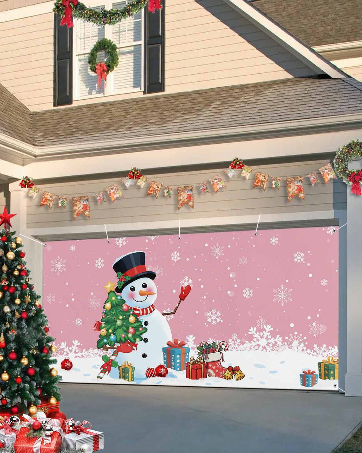 Fsddascl 7 x 16 Ft Christmas Garage Door Cover, Pink Snowman Christmas Large Garage Door Banner, Xmas Tree Snowflake Balls Gifts Hanging Garage Mural Background for Indoor Outdoor Xmas Party Supplies