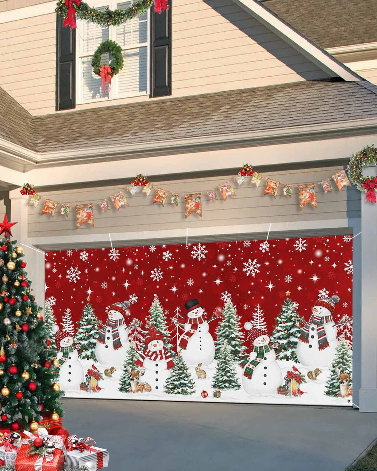 Fsddascl 7 x 16 Ft Christmas Garage Door Cover, Black Christmas Tree Large Garage Door Banner, Xmas Snowflake Green Golden Hanging Garage Mural Background for Indoor Outdoor Xmas Party Supplies