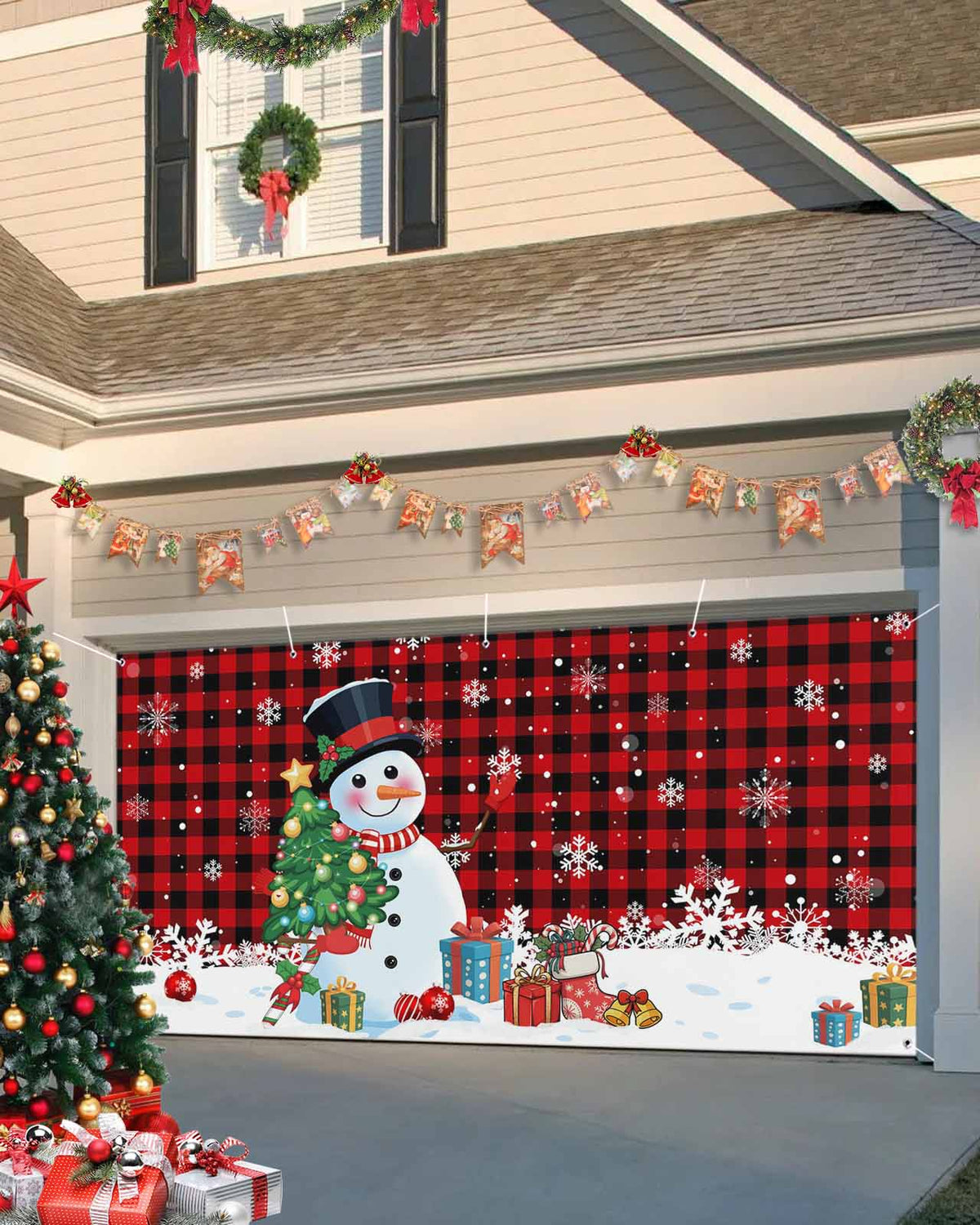 Fsddascl 7 x 16 Ft Christmas Garage Door Cover, Pink Snowman Christmas Large Garage Door Banner, Xmas Tree Snowflake Balls Gifts Hanging Garage Mural Background for Indoor Outdoor Xmas Party Supplies
