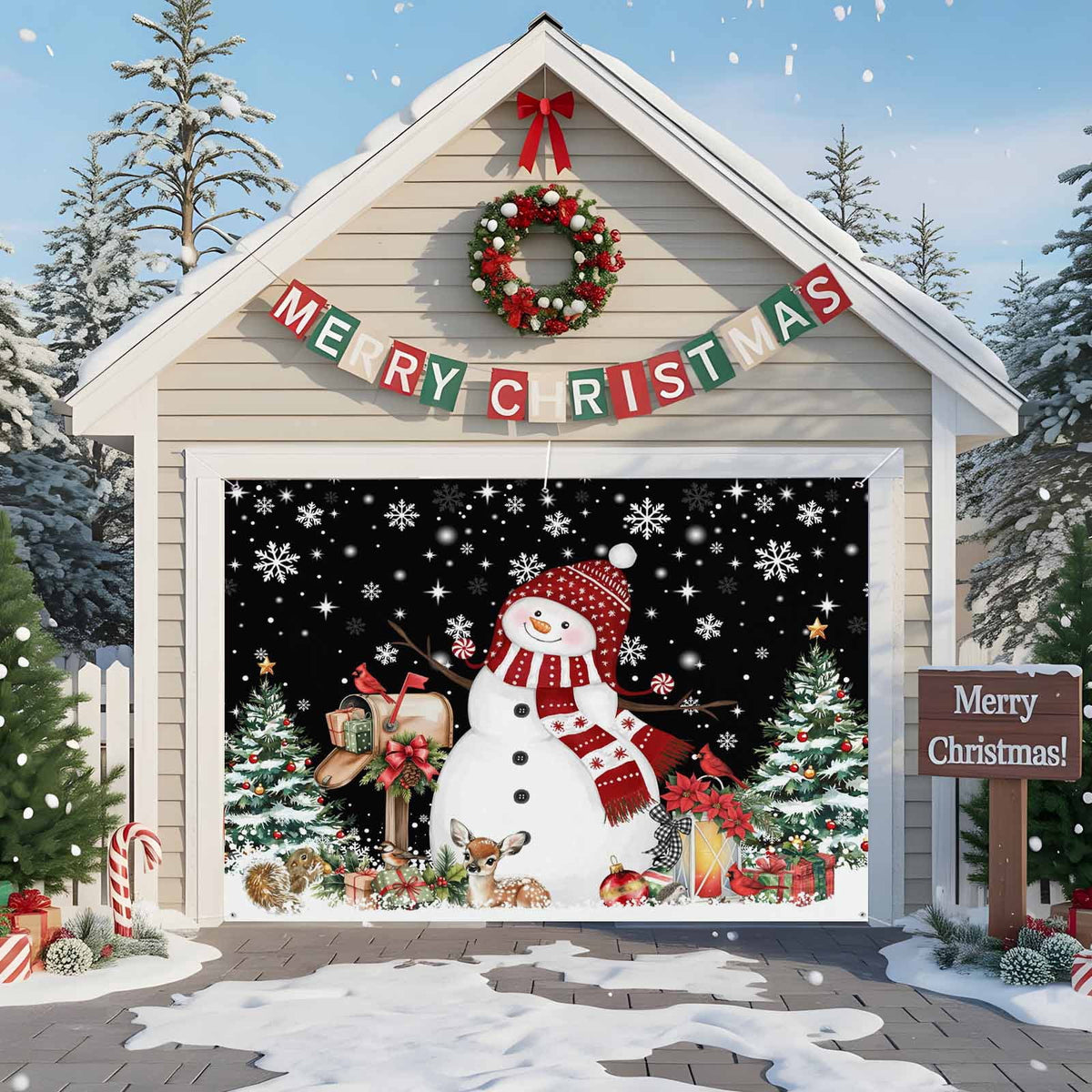 Fsddascl 7 x 16 Ft Christmas Garage Door Cover, Pink Snowman Christmas Large Garage Door Banner, Green Xmas Tree Snowflake Hanging Garage Mural Background for Indoor Outdoor Xmas Party Supplies