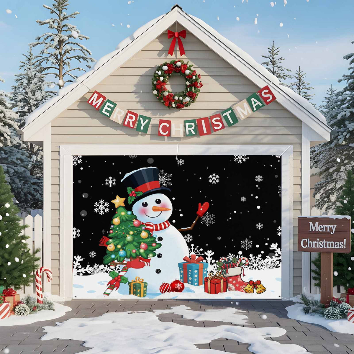 Fsddascl 7 x 16 Ft Christmas Garage Door Cover, Pink Snowman Christmas Large Garage Door Banner, Xmas Tree Snowflake Balls Gifts Hanging Garage Mural Background for Indoor Outdoor Xmas Party Supplies