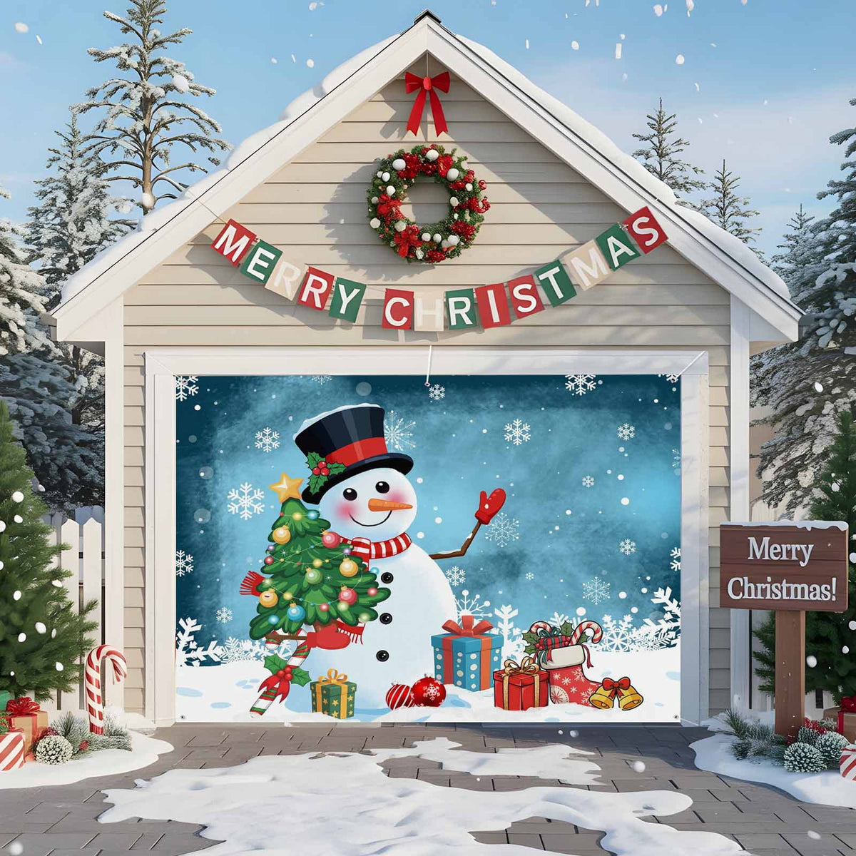 Fsddascl 7 x 16 Ft Christmas Garage Door Cover, Pink Snowman Christmas Large Garage Door Banner, Xmas Tree Snowflake Balls Gifts Hanging Garage Mural Background for Indoor Outdoor Xmas Party Supplies