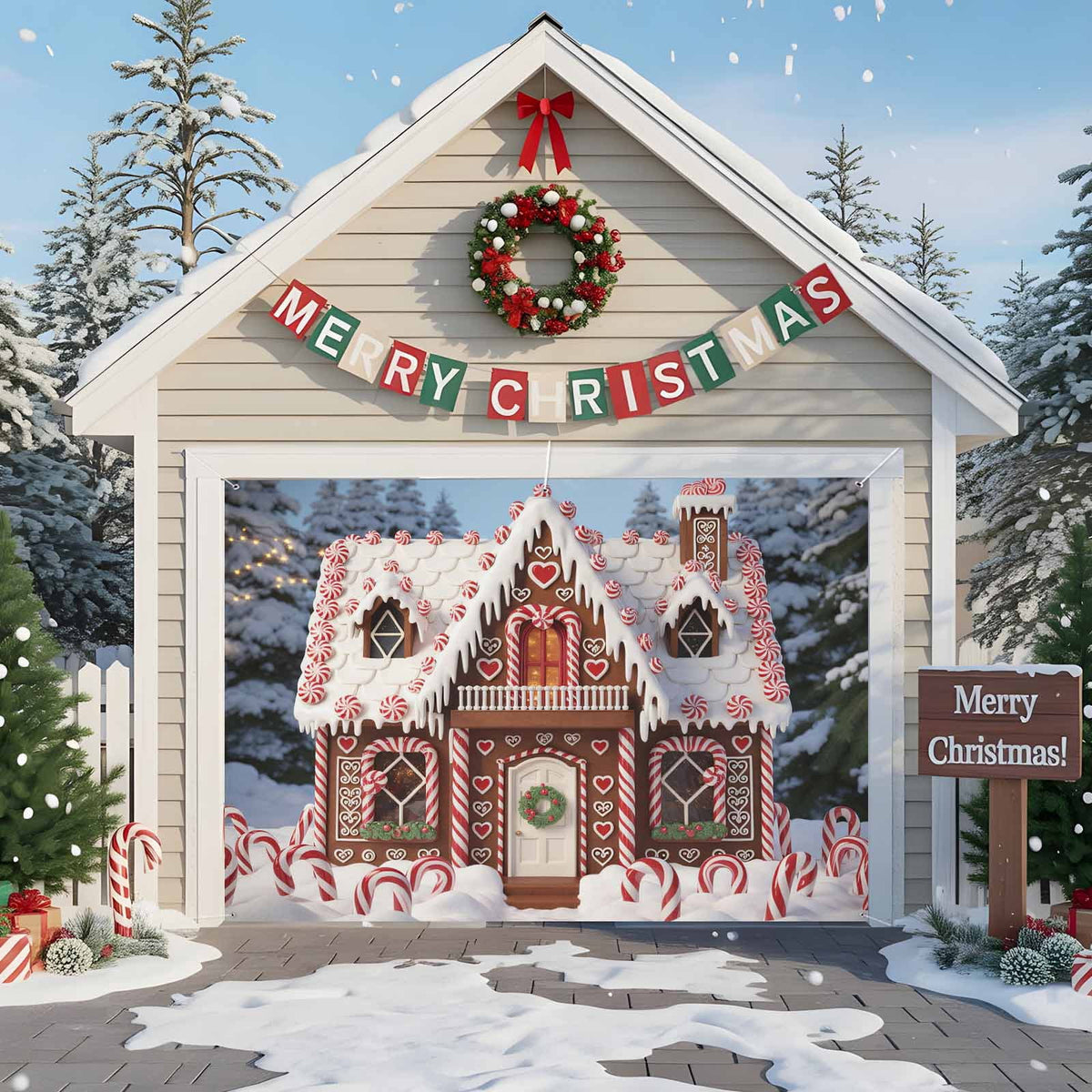 Fsddascl 7 x 16 Ft Christmas Garage Door Cover, Black Christmas Tree Large Garage Door Banner, Xmas Snowflake Green Golden Hanging Garage Mural Background for Indoor Outdoor Xmas Party Supplies