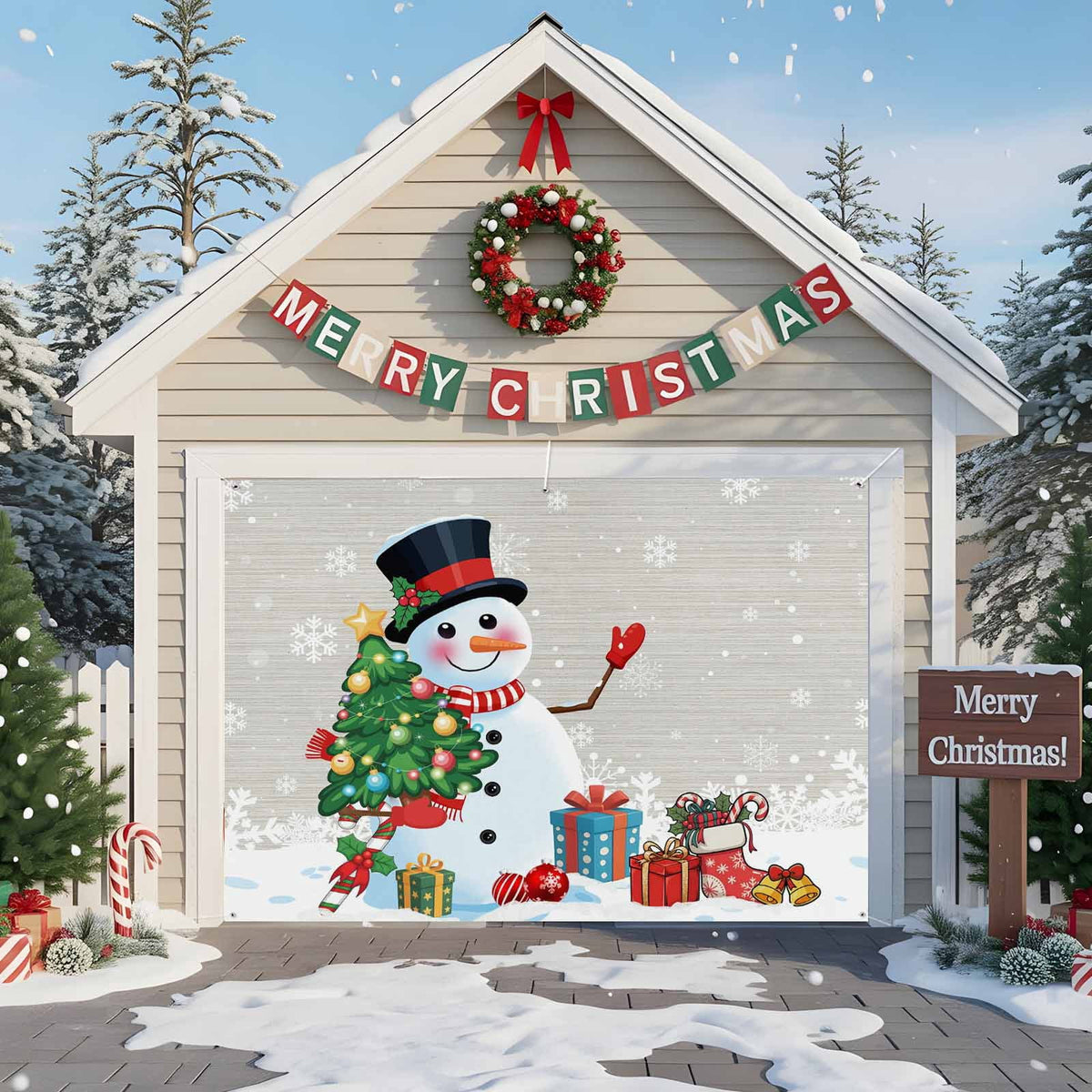 Fsddascl 7 x 16 Ft Christmas Garage Door Cover, Pink Snowman Christmas Large Garage Door Banner, Xmas Tree Snowflake Balls Gifts Hanging Garage Mural Background for Indoor Outdoor Xmas Party Supplies