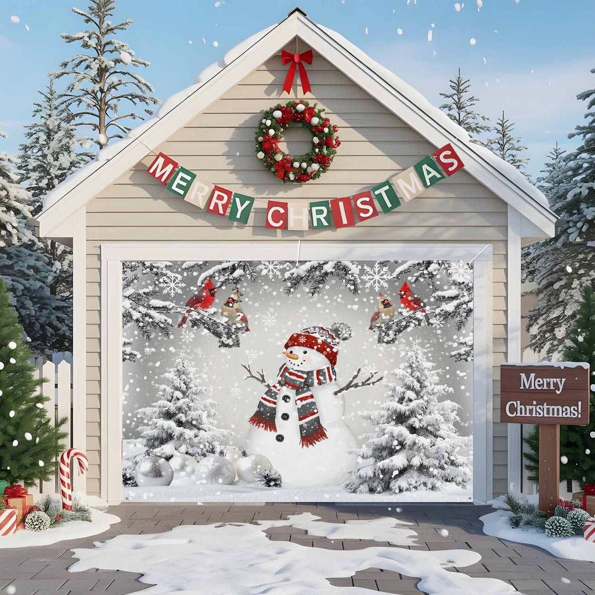 Fsddascl 7 x 16 Ft Christmas Garage Door Cover, Pink Snowman Christmas Large Garage Door Banner, Green Xmas Tree Snowflake Hanging Garage Mural Background for Indoor Outdoor Xmas Party Supplies