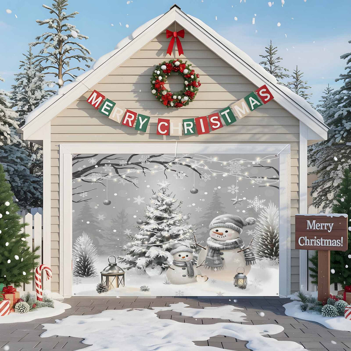 Fsddascl 7 x 16 Ft Christmas Garage Door Cover, Black Christmas Tree Large Garage Door Banner, Xmas Snowflake Green Golden Hanging Garage Mural Background for Indoor Outdoor Xmas Party Supplies