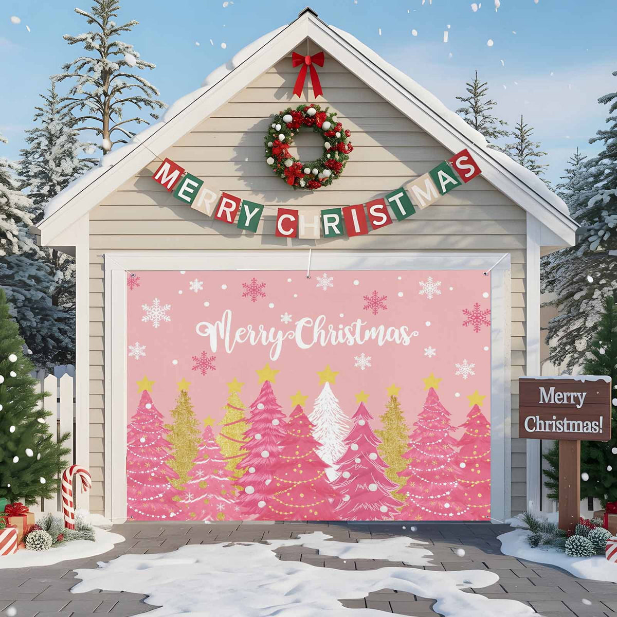 Fsddascl 7 x 16 Ft Christmas Garage Door Cover, Black Christmas Tree Large Garage Door Banner, Xmas Snowflake Green Golden Hanging Garage Mural Background for Indoor Outdoor Xmas Party Supplies