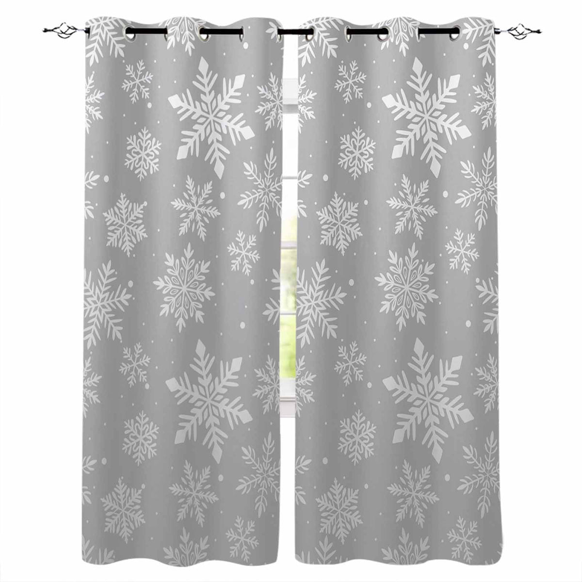 Fsddascl Grey White Snowflake Christmas Blackout Curtains for Bedroom/Living Room, Thermal Insulated Kitchen Curtains, Winter Xmas Snowflakes Grommet Darkening Window Treatment Drapes 42"x84"x2