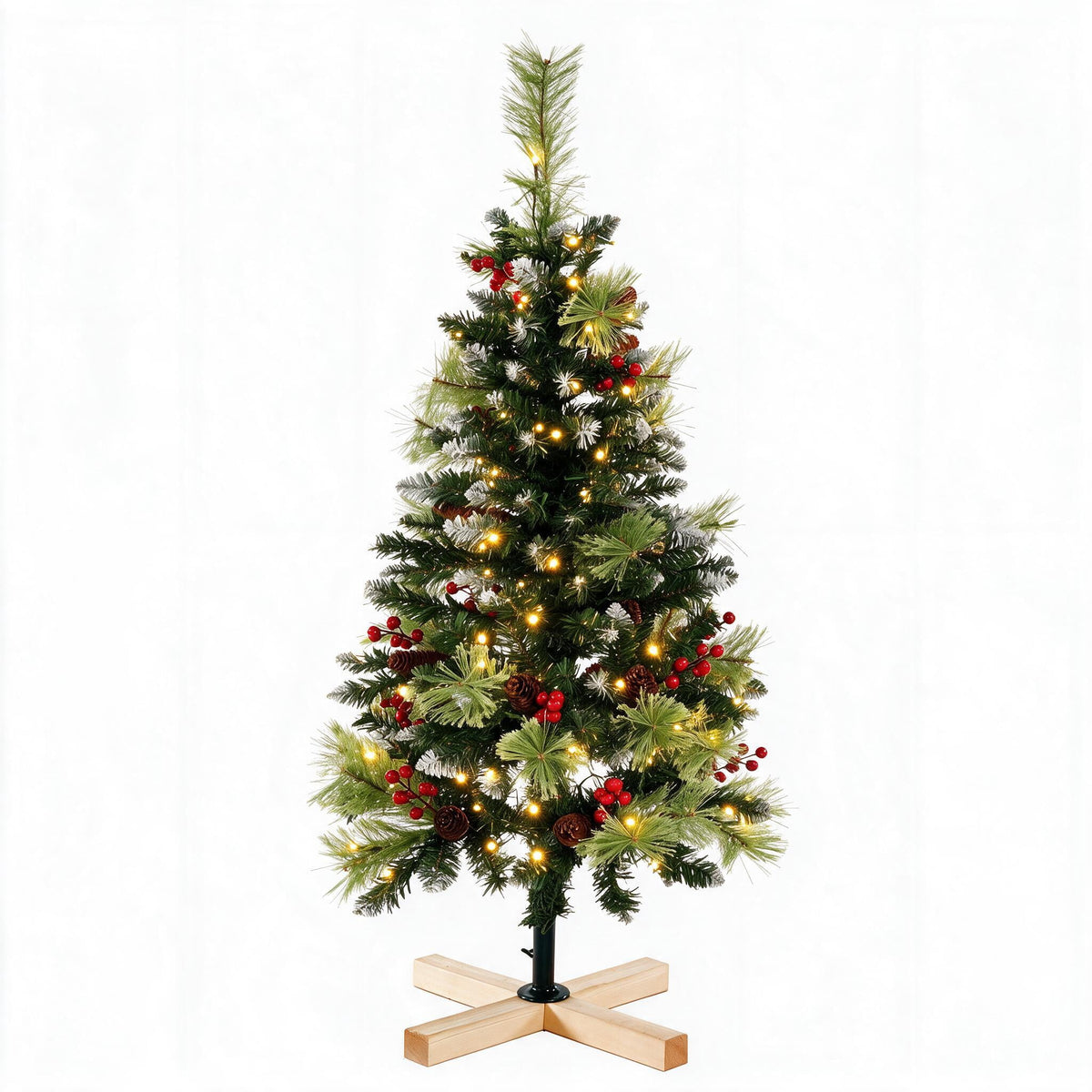 Funcid 6ft Artificial Christmas Tree with 8 Adjustable Light Flash Rate Modes, Decorated Xmas Tree with Pine Cones, Hinged Partially Flocked Christmas Tree with Foldable Metal Base