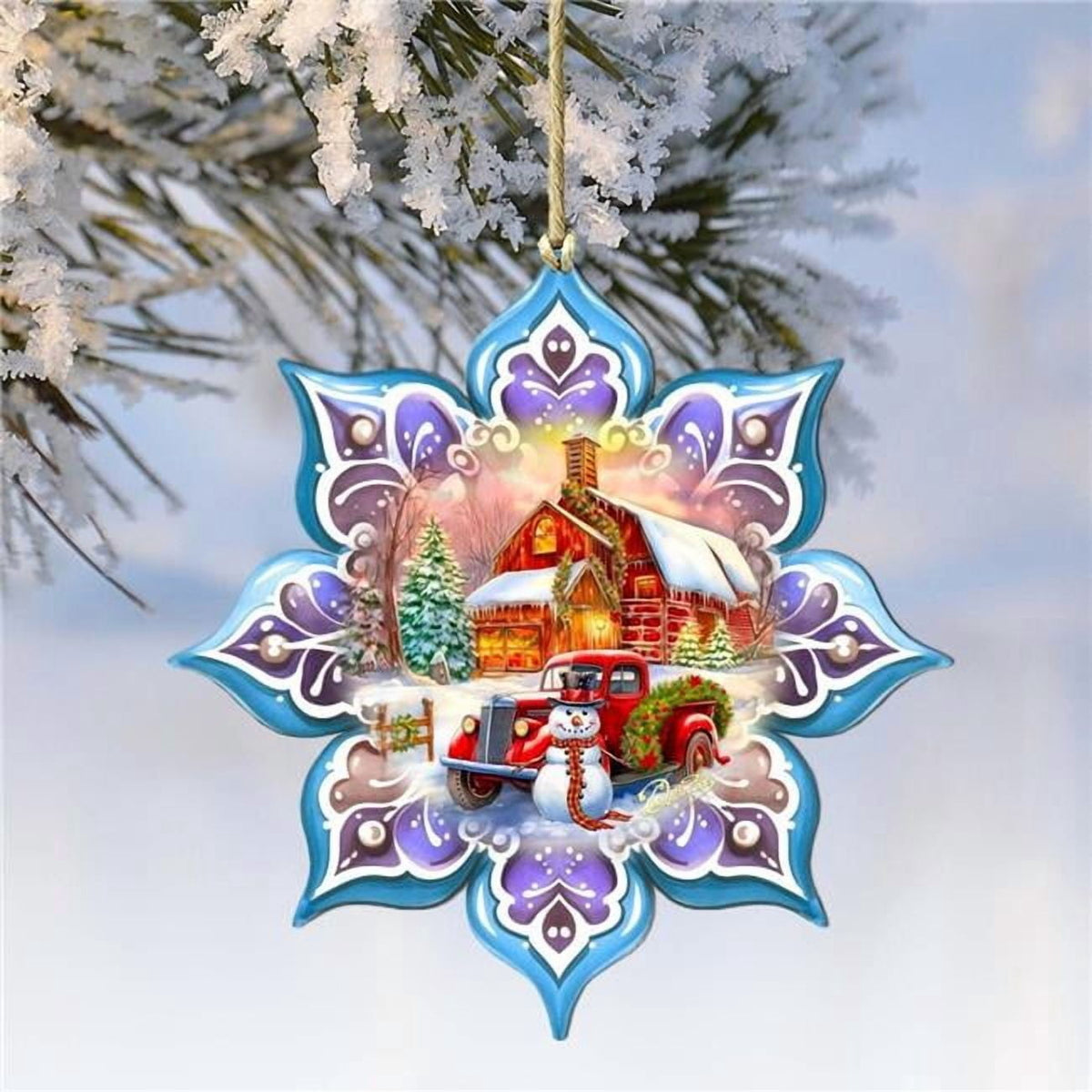 G. Debrekht 8688429-S2 Christmas Red Barn Snowflake Wooden Ornaments Set of 2 by G. Debrekht - Christmas Decor