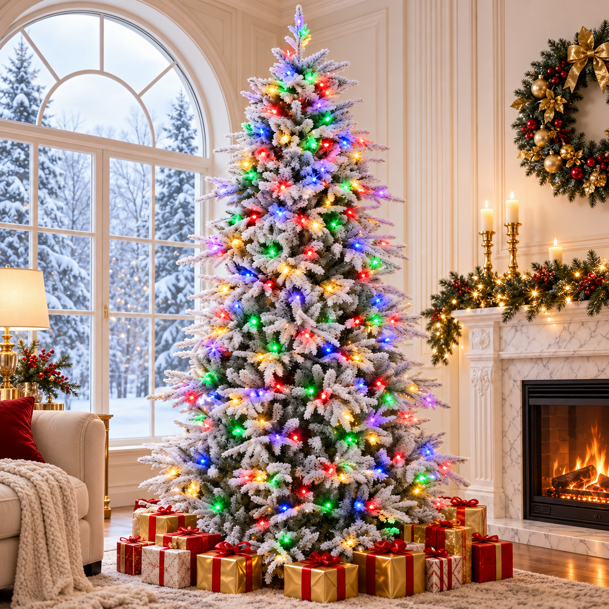 Vebreda 6ft Pre-Lit Flocked Artificial Aspen Noble Fir Christmas Tree with 1,350 Branch Tips & 300 LED Lights, Hinged Artificial Holiday Tree with Metal Stand