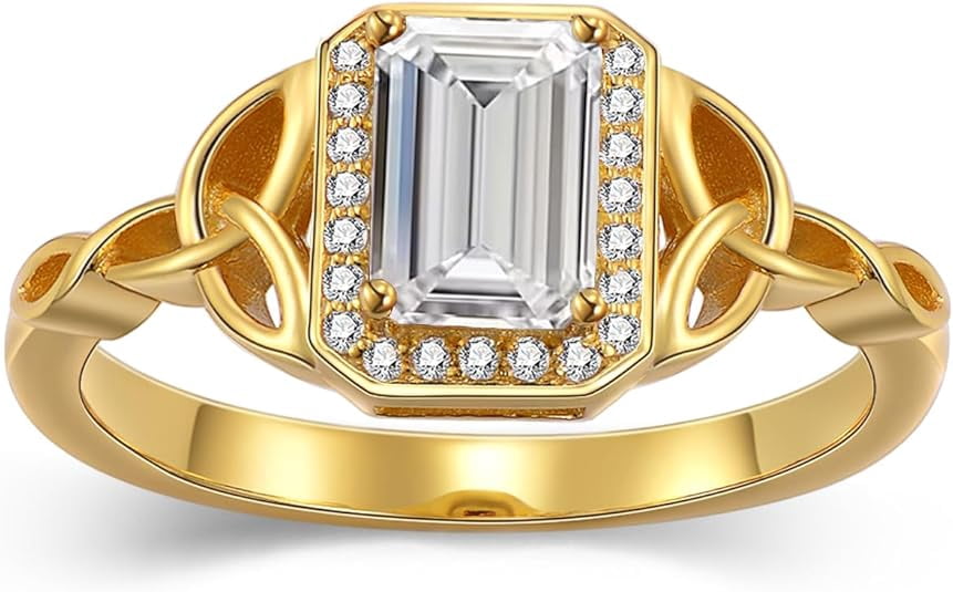 Gems & Jewels 14K Yellow Gold Plated 925 Sterling Silver 2.50 Ct Emerald Cut White Diamond Engagement Wedding Christmas Thanksgiving Halo Ring For Women's -5.5