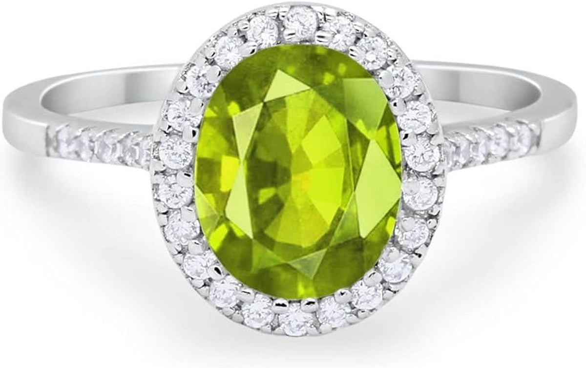 Gems Jewels 2.00 Ct Oval Cut Green Peridot Engagement Wedding ChristmasThanksgiving Halo Ring 14K White Gold Plated 925 Sterling Silver For Women's -4