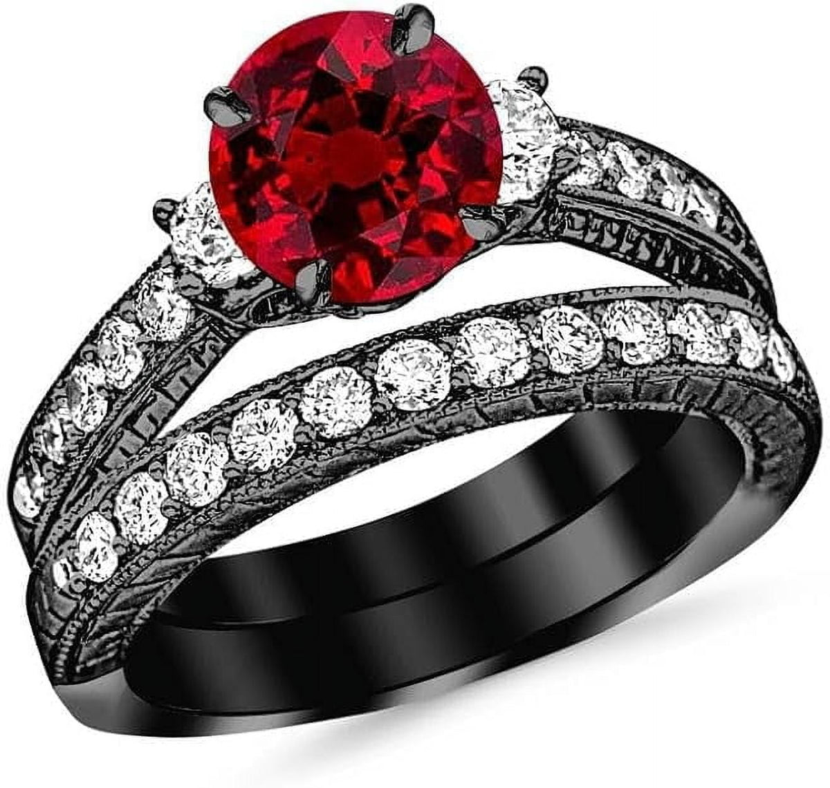 Gems Jewels 3.00 Ct Round Cut Red Ruby Wedding Engagement Thanksgiving Christmas Bridal Ring Set 14K Black Gold Plated 925 Sterling Silver For Women's -10